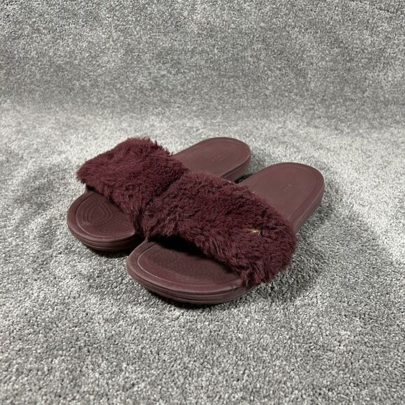 Crocs Sloane Luxe 205968 Women’s Sz 10 Burgundy Faux Fur Gold Slide Mule Sandal - Picture 3 of 11
